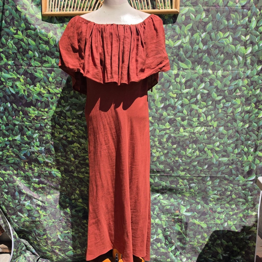 Zara Womens Rust Terracotta Off Shoulder Ruffle Flounce Maxi Dress XS 4437/067